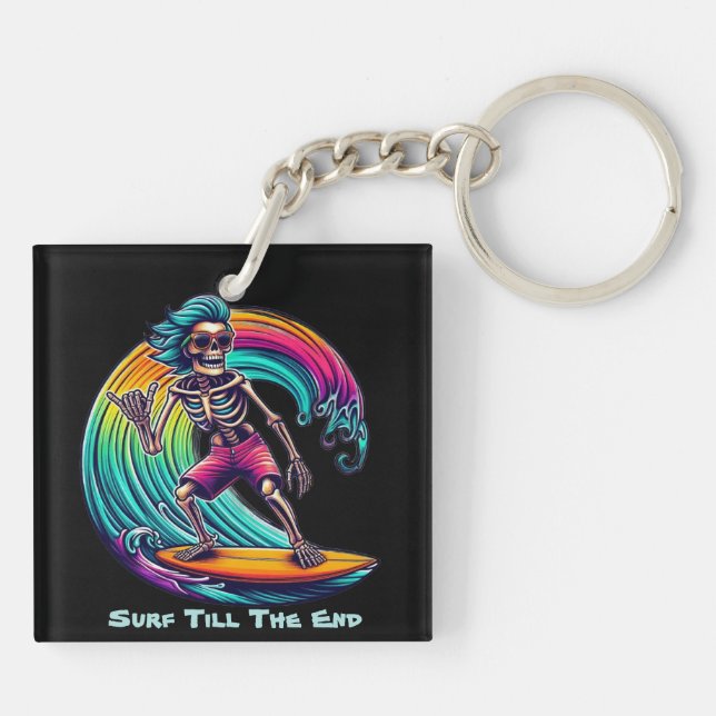 Skeleton Surfer Riding A Wave Key Ring (Back)