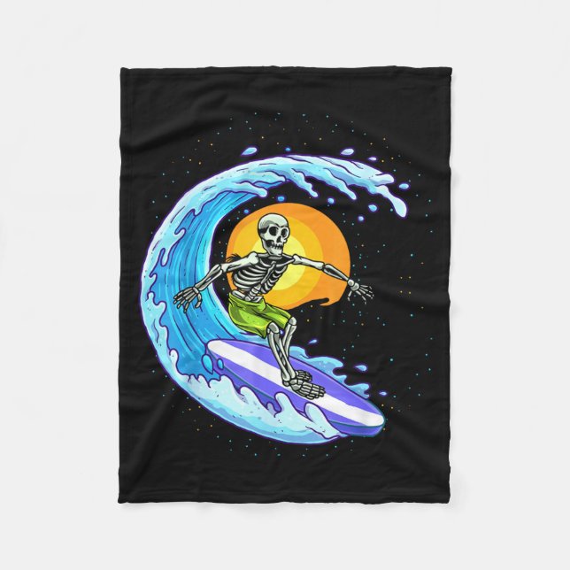Skeleton Surfer Surfing Surf Wave Funny Halloween Fleece Blanket (Front)