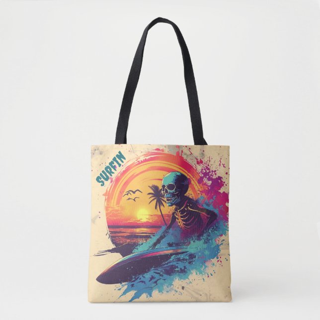 Skeleton Surfer Vibrant Blue Purple Pink Tropical  Tote Bag (Front)