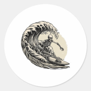 Skeleton Surfer Vintage Big Wave Surfing Funny Hal Classic Round Sticker