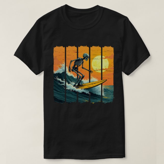 Skeleton Surfer Vintage Surfing Funny Halloween T-Shirt (Design Front)