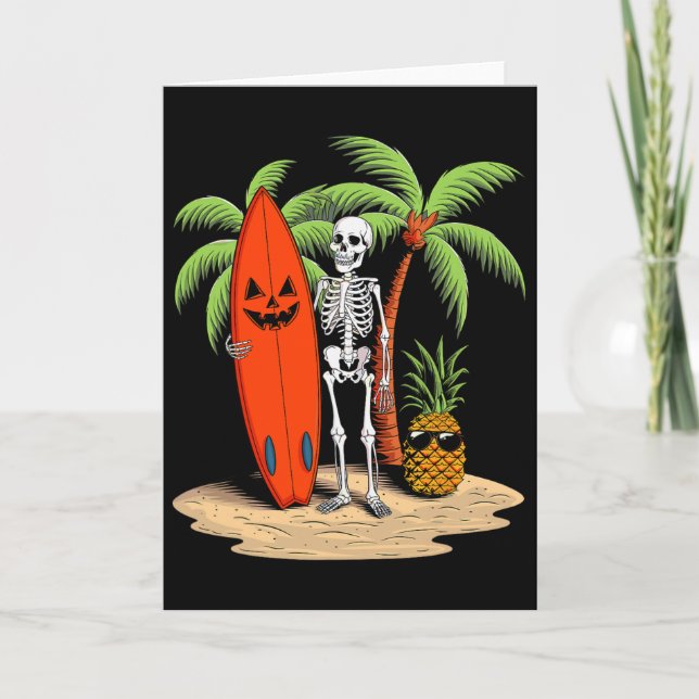 Skeleton Surfing Halloween Beach Vibe Fun  Card (Front)