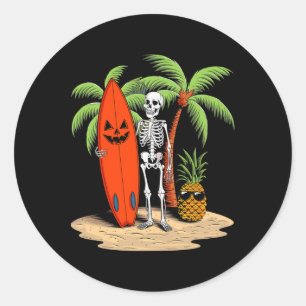 Skeleton Surfing Halloween Beach Vibe Fun Classic Round Sticker