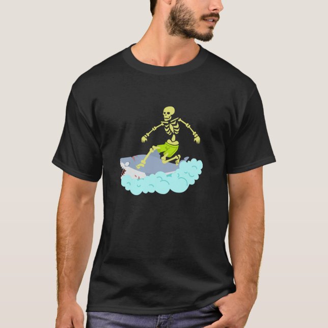 Skeleton Surfing Halloween Tee Zombie Shark Funny  (Front)