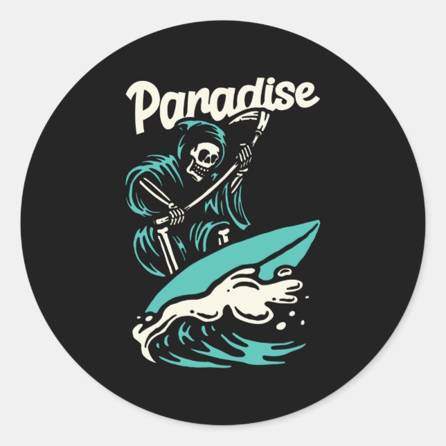 SKELETON SURFING IN PARADISE CLASSIC ROUND STICKER (Front)