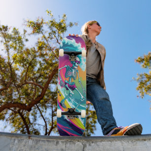 Skeleton Surfing Neon Colorful Summer Skateboard