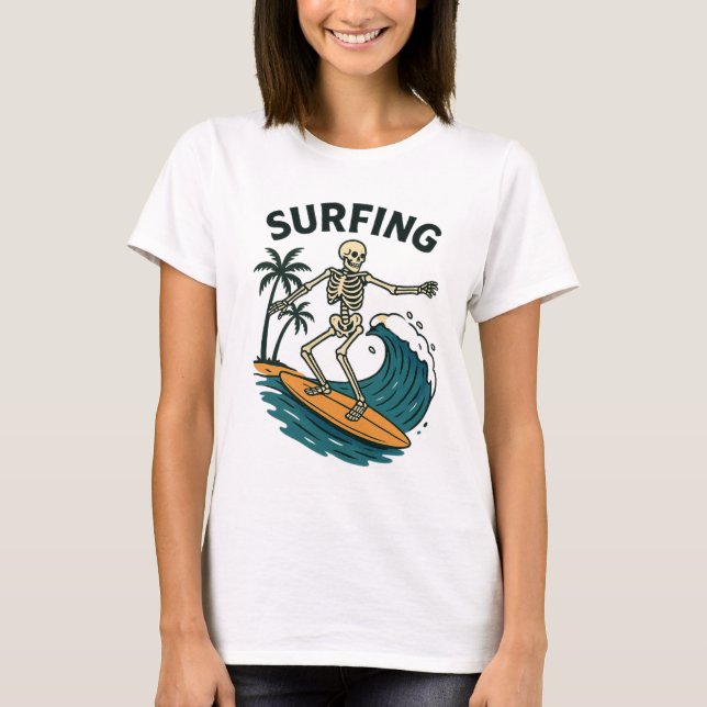 Skeleton Surfing Retro Beach Wave Design T-Shirt (Front)