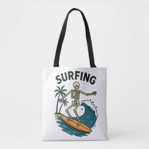Skeleton Surfing Retro Beach Wave Design Tote Bag
