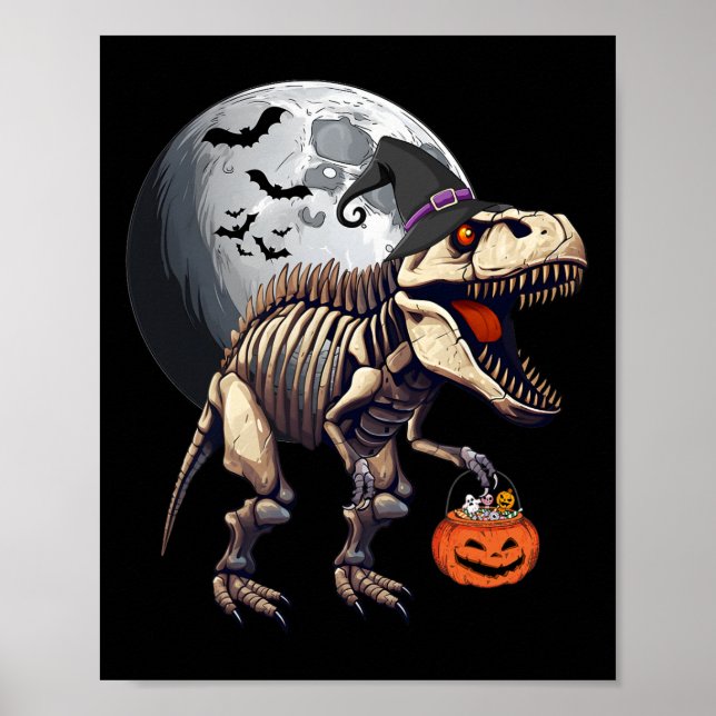 Skeleton T Rex Dinosaur Fun Halloween Pumpkin Boys Poster (Front)