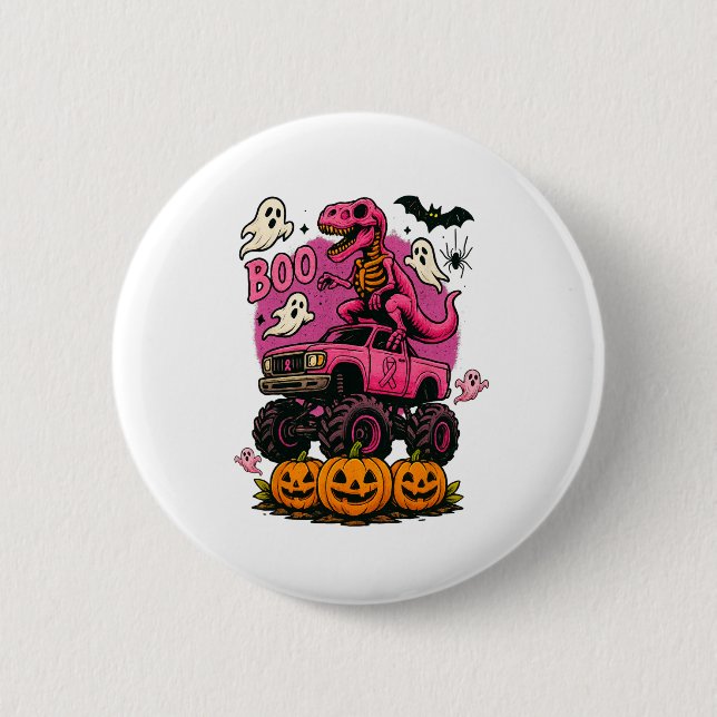 Skeleton T Rex Dinosaur Monster Truck Pumpkin Brea 6 Cm Round Badge (Front)