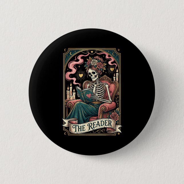 Skeleton Tarot Card The Reader Book Lover Valentin 6 Cm Round Badge (Front)