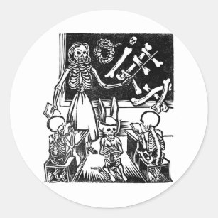 Skeleton Teacher and Students "Day of the Dead" Classic Round Sticker