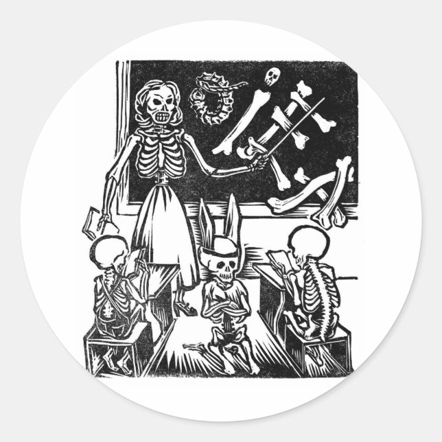 Skeleton Teacher and Students "Day of the Dead" Classic Round Sticker (Front)