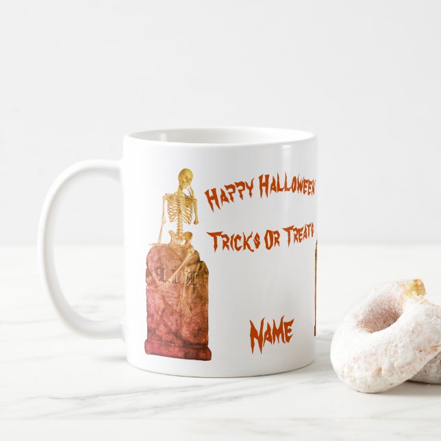 Skeleton Tombstone Halloween Funny Personalised Coffee Mug (With Donut)