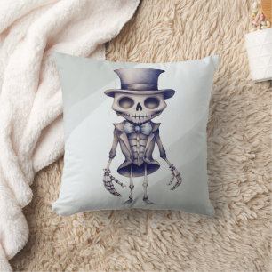 Skeleton Top Hat Bow Tie Grey Halloween Cushion