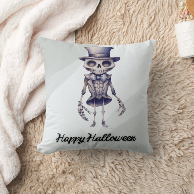 Skeleton Top Hat Bow Tie Grey Happy Halloween Cushion (Blanket)