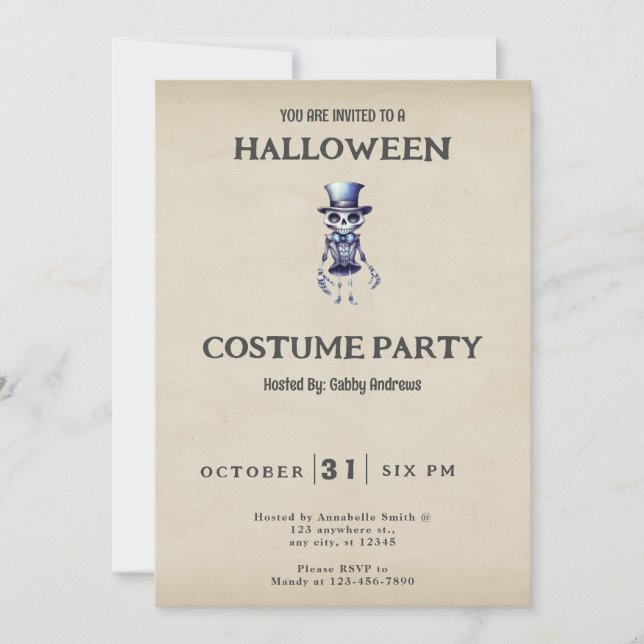 Skeleton Top Hat Bow Tie Vintage Halloween Invitation (Front)