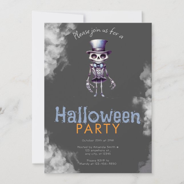 Skeleton Top Hat Grey Smoke Halloween Party Invitation (Front)