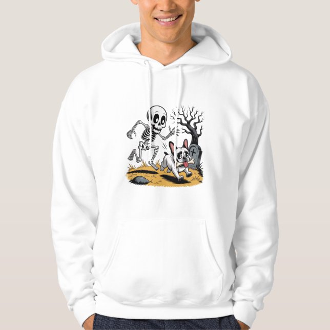 Skeleton vs French Bulldog – Funny Halloween Chase Hoodie (Front)