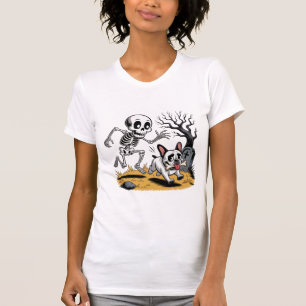 Skeleton vs French Bulldog – Funny Halloween Chase T-Shirt