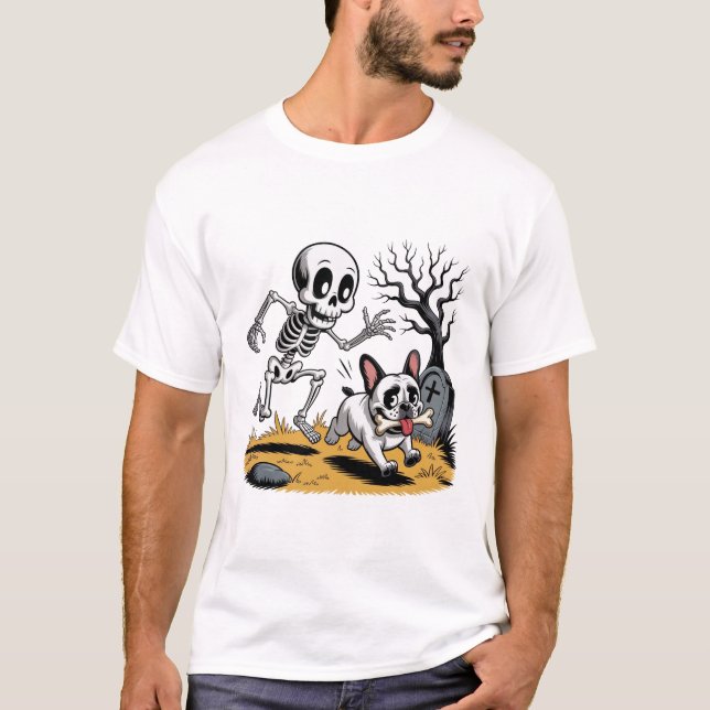 Skeleton vs French Bulldog – Funny Halloween Chase T-Shirt (Front)