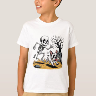 Skeleton vs French Bulldog – Funny Halloween Chase T-Shirt