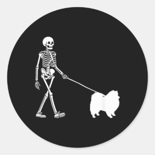 Skeleton Walking A Dog Aamerican Eskimo Dog Classic Round Sticker