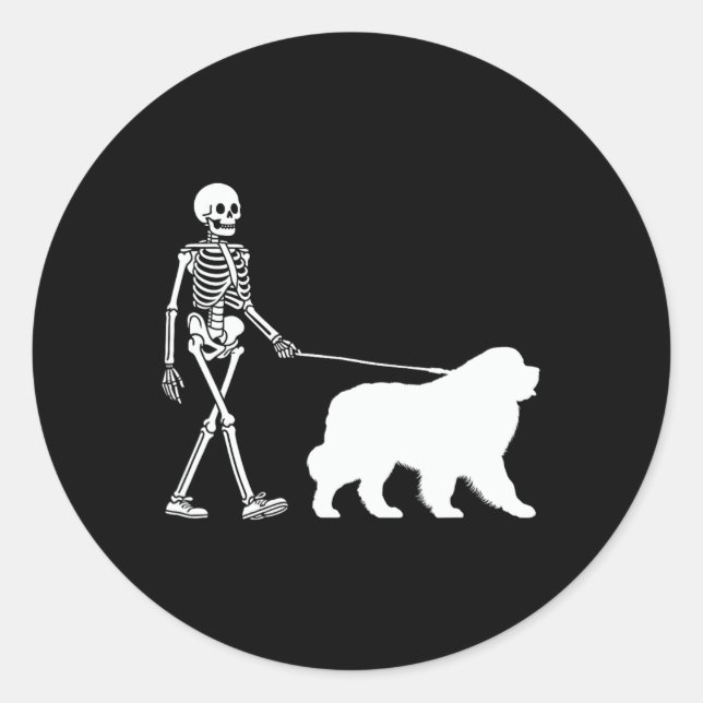 Skeleton Walking A Newfoundland Dog Halloween Outf Classic Round Sticker (Front)