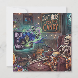 Skeleton Watching TV with Witch Show Halloween Holiday Card