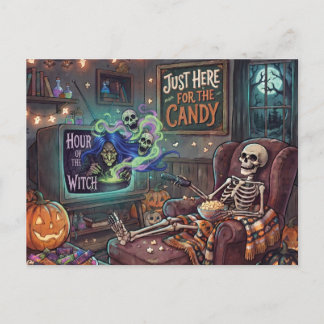 Skeleton Watching TV with Witch Show Halloween Holiday Postcard