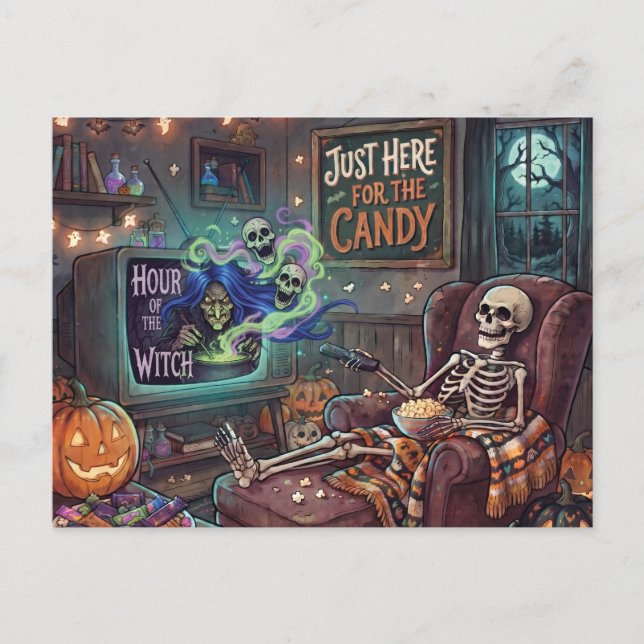 Skeleton Watching TV with Witch Show Halloween Postcard (Front)