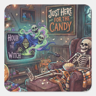 Skeleton Watching TV with Witch Show Halloween Square Sticker