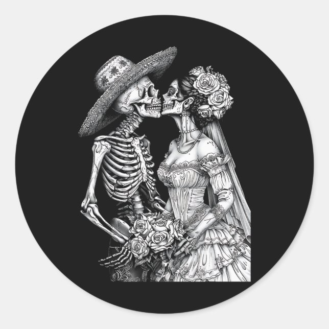Skeleton Wedding Bride And Groom Day Dead Hallowee Classic Round Sticker (Front)