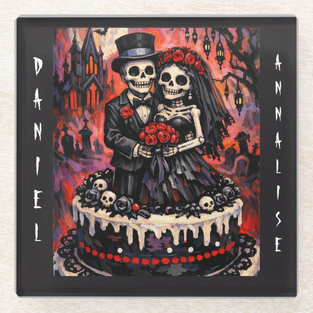 Skeleton Wedding, gothic Lovers Embrace  Glass Coaster (Front)