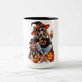 Skeleton Witch Girl with Dog Halloween Coffee Mug