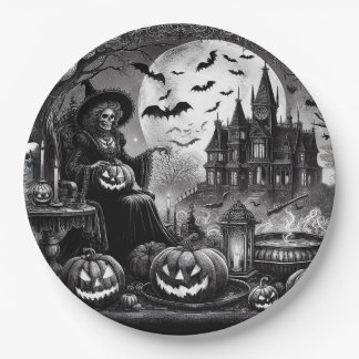 Skeleton Witch Pumpkin  Paper Plate