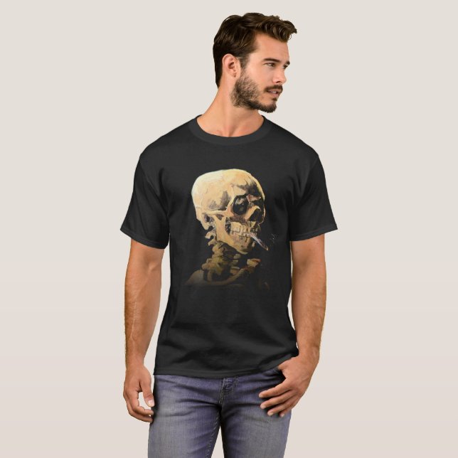 Skeleton with Burning Cigarette - Van Gogh T-Shirt (Front Full)