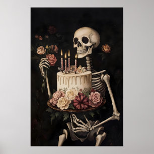 Skeleton With Cake And Flowers Print, Happy Poster