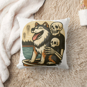 Skeleton with Dog on Haunted Lake Horror Art Cushion