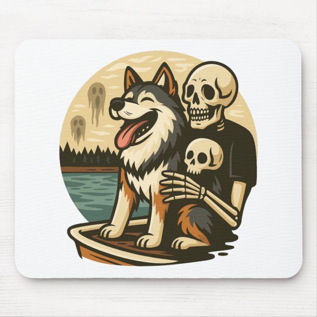 Skeleton with Dog on Haunted Lake Horror Art Mouse Pad (Front)