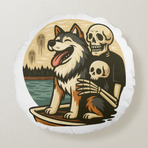 Skeleton with Dog on Haunted Lake Horror Art Round Cushion