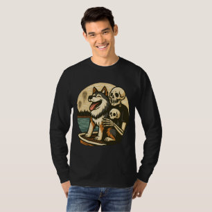 Skeleton with Dog on Haunted Lake Horror Art T-Shirt