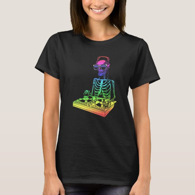 Skeleton With Headphones And Sunglasses Mixer Dj T T-Shirt (Front)