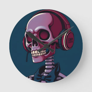 Skeleton with headphones round clock