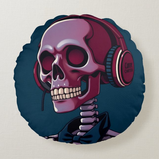 Skeleton with headphones round cushion (Front)
