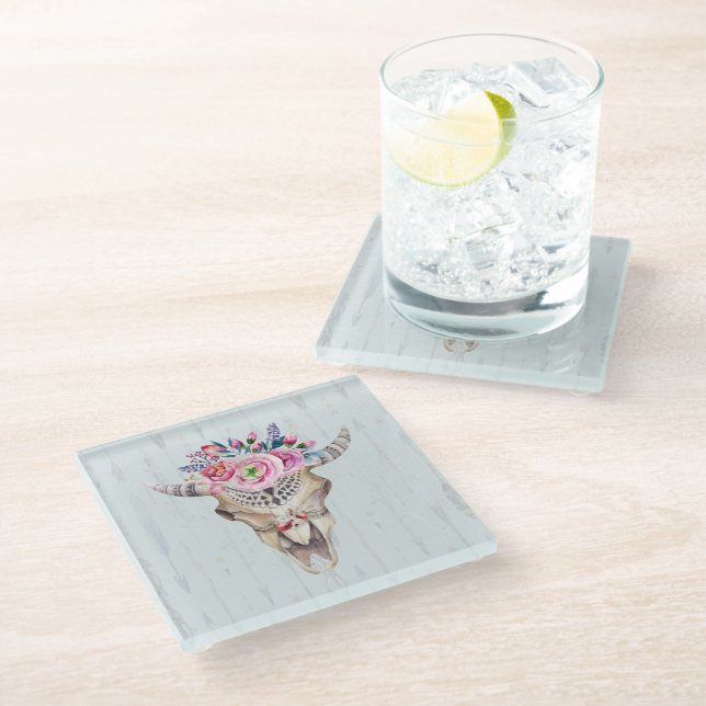 Skeleton With Horn And Flowers Glass Coaster (Angled)