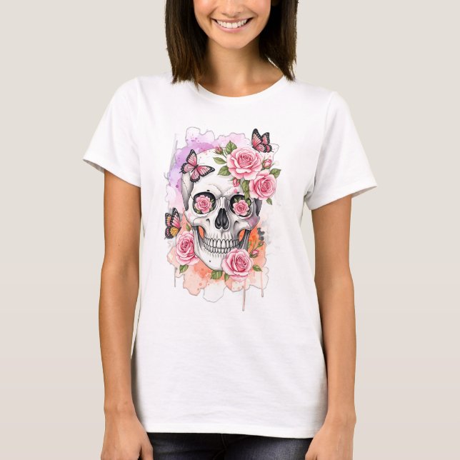 Skeleton with Pink Roses and Butterflies T-Shirt (Front)