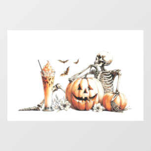 Skeleton with pumpkin and drink. Halloween.