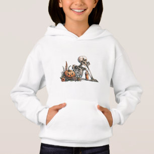 Skeleton with pumpkin and drink. Halloween