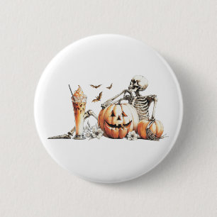 Skeleton with pumpkin and drink. Halloween. 6 Cm Round Badge